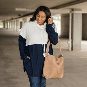 Celeste Blue & White Cowl Neck Sweater w/ Pockets